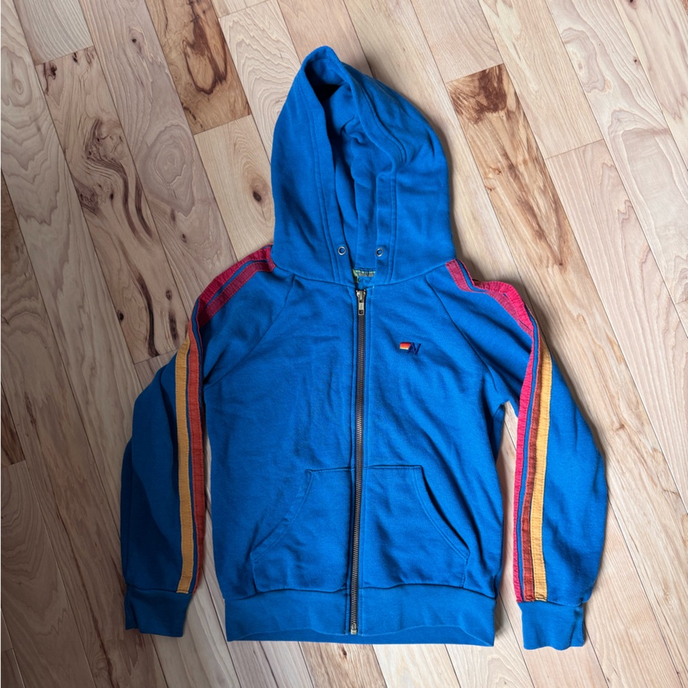 Aviator Nation Blue Hoodie with Rainbow Stripes
